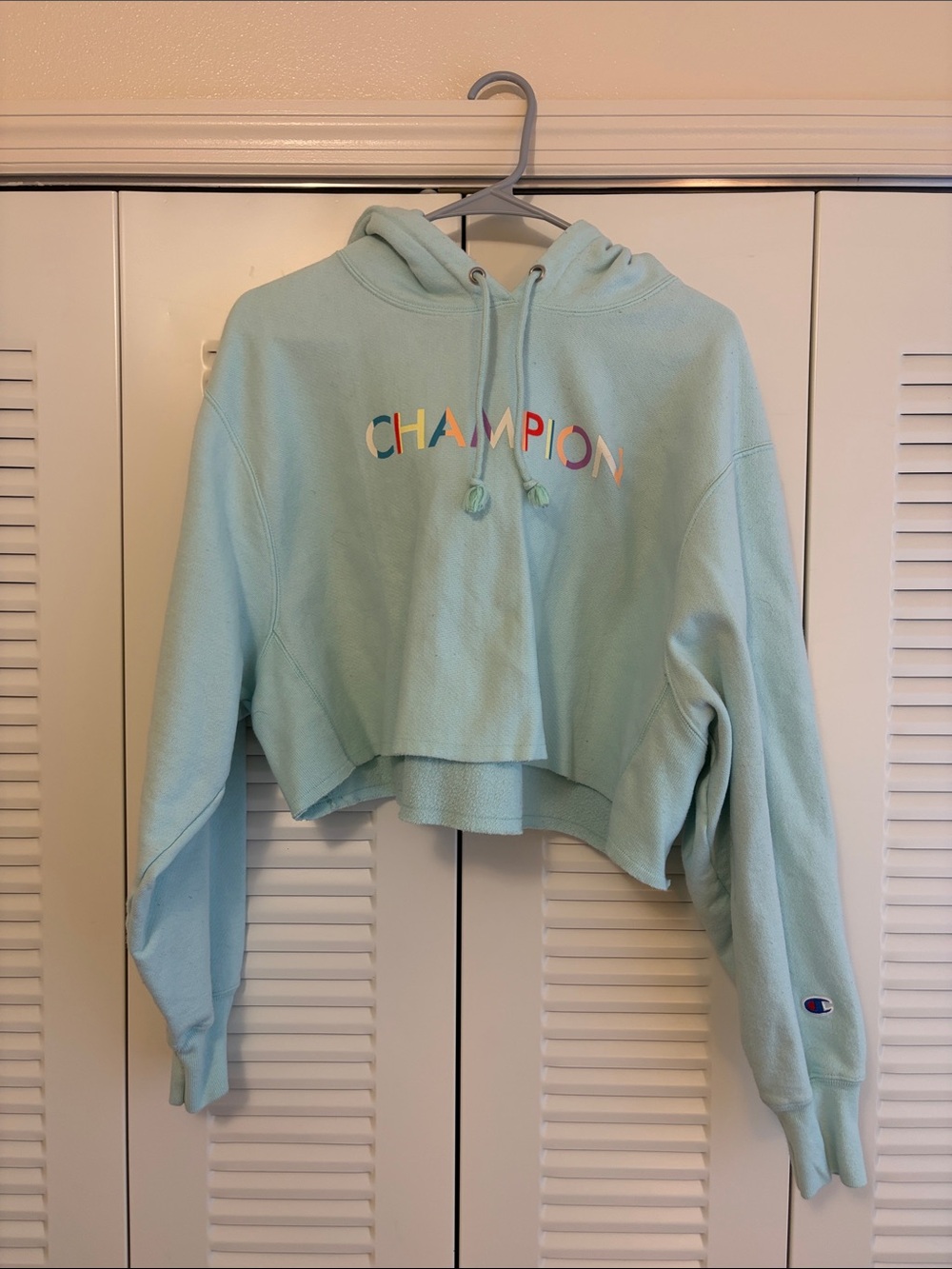 Women’s Champion Cropped Hoodie in Mint Aqua